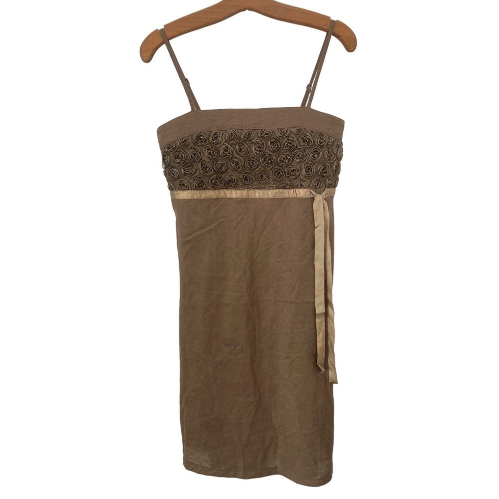 Vintage Y2K J&W Linen Rosette Mini Dress Brown Ribbon TIe Babydoll Juniors XL